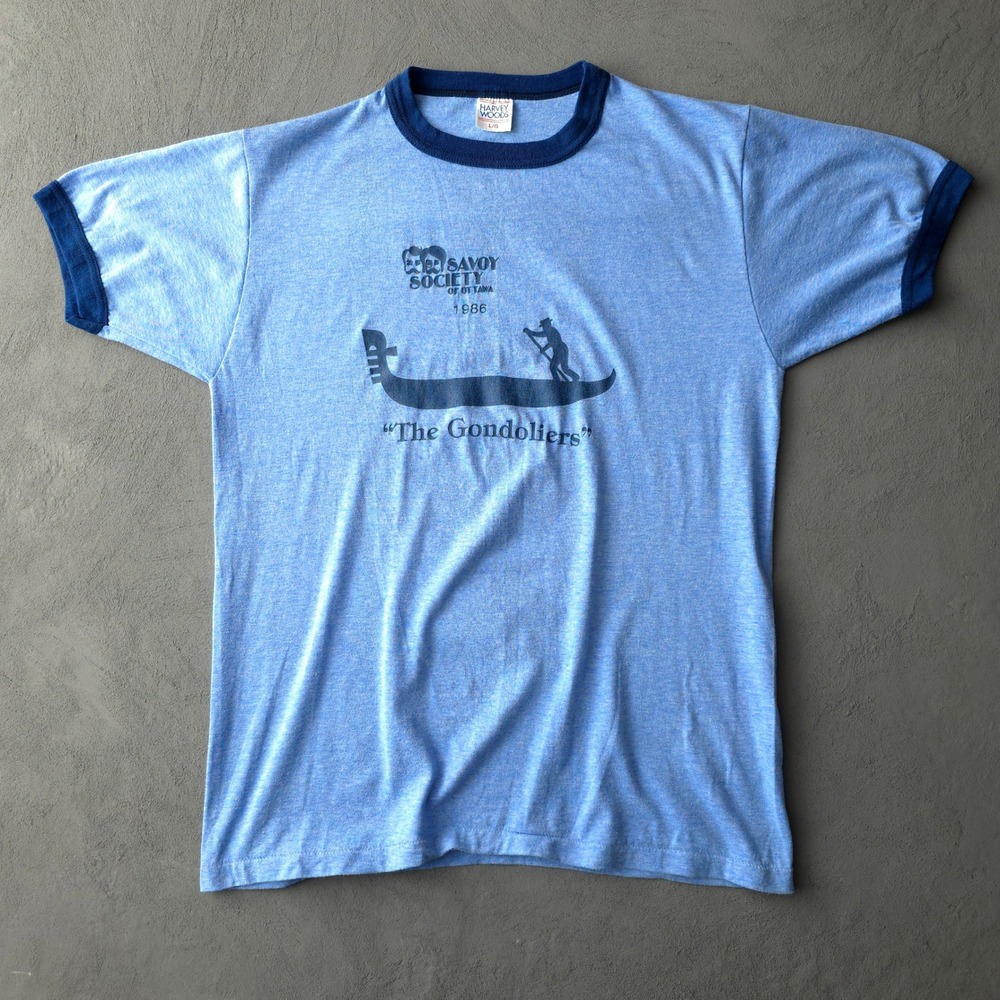 Vintage 80s The Gondoliers Savoy Society T-shirt Large Blue Ringer Harvey Woods - Picture 7 of 7